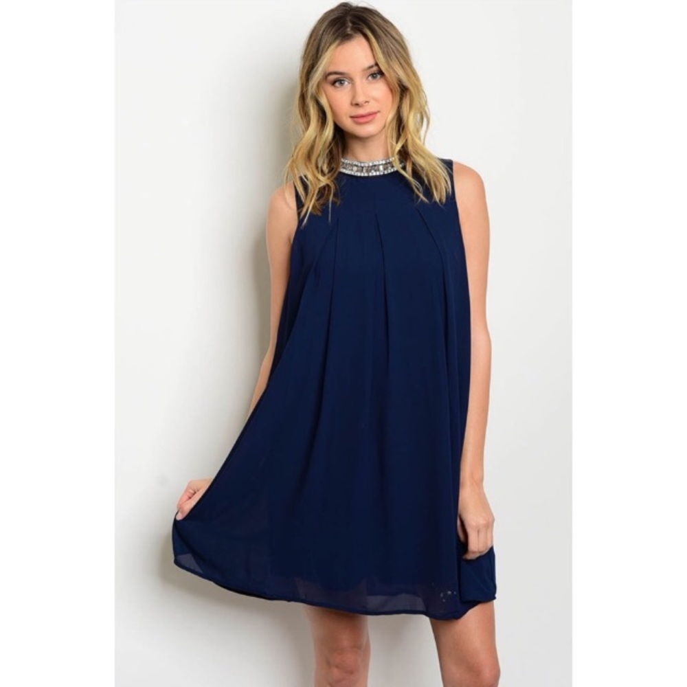 NWT navy blue chiffon dress w/ beaded neck line